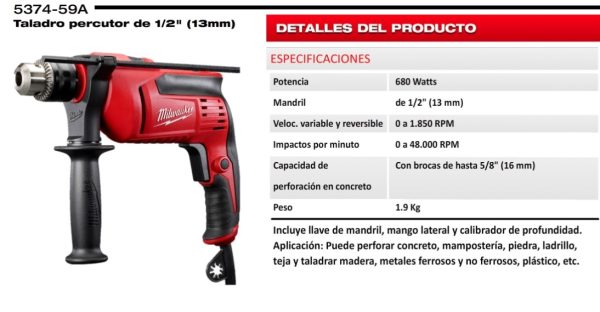 Taladro con percutor eléctrico Milwaukee 5374-59A 1/2”(13mm) 680w 220v - Imagen 3