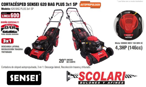 Cortadora de césped pasto a explosión 4T Nafta Sensei 620 BAG PLUS 3x1 SP 4.3HP 146cc 51cm 3x1 autopropulsada - Imagen 3