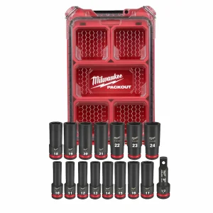 Contenido del juego de bocallaves de impacto largas Milwaukee 49-66-6803 de 16 piezas con encastre de 1/2 pulgada y organizador compacto PACKOUT.