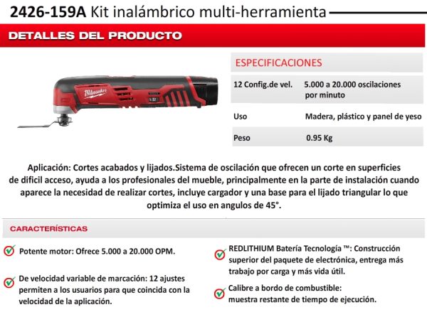 Sierra multiherramienta multicortadora inalámbrica a batería 12V M12 Milwaukee 2426-159 A (con 1 cargador y 1 batería) - Imagen 2