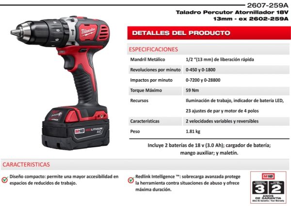 Taladro con percutor Atornillador a Batería 18V M18 Milwaukee 2607-259A 1/2”(13mm) 59Nm con maletín (incluye un cargador y dos baterías 3Ah) - Imagen 2