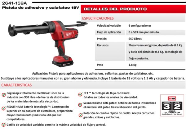 Pistola inalámbrica a batería 18V M18 aplicadora de adhesivos Milwaukee 2641-159A 300ml(10oz) (incluye un cargador y una batería) - Imagen 3