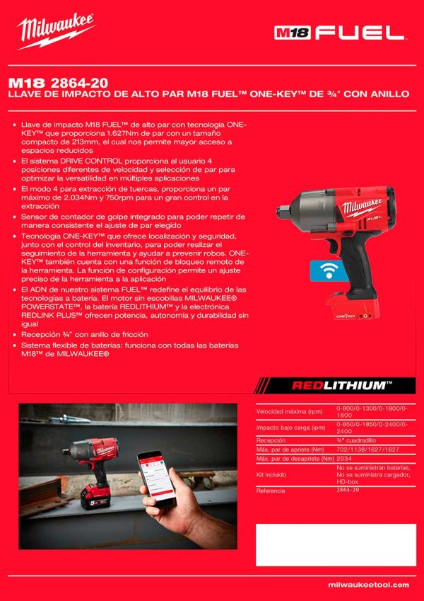 Llave de impacto inalámbrica a batería 18V M18 FUEL Milwaukee 2864-20 3/4”(19.1mm) 1627Nm con ONE-KEY (no incluye batería ni cargador) - Imagen 7