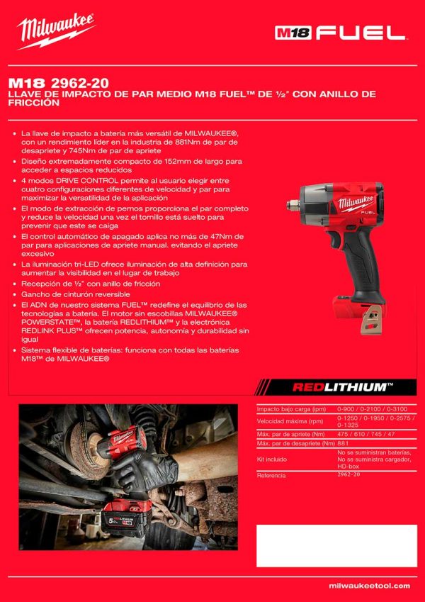 Llave de impacto inalámbrica a batería 18V M18 FUEL Milwaukee 2962-20 1/2”(12.7mm) 745Nm (no incluye batería ni cargador) - Imagen 9