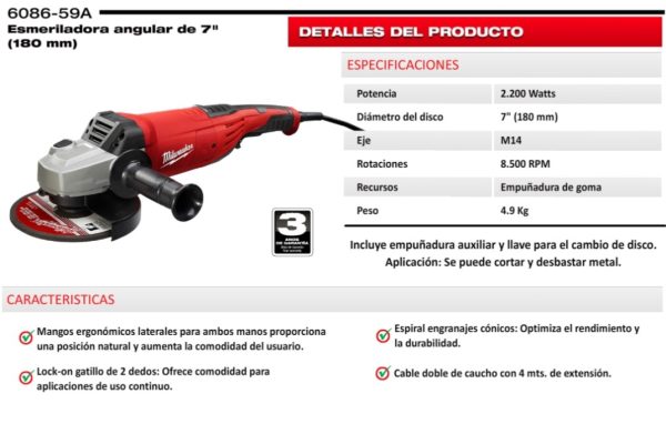 Amoladora angular eléctrica Milwaukee 6086-59A 180mm(7”) 2200w 8500rpm 220v con interruptor gatillo - Imagen 4