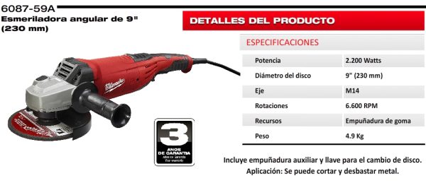 Amoladora angular eléctrica Milwaukee 6087-59A 230mm(9”) 2200w 6600rpm 220v con interruptor gatillo - Imagen 4