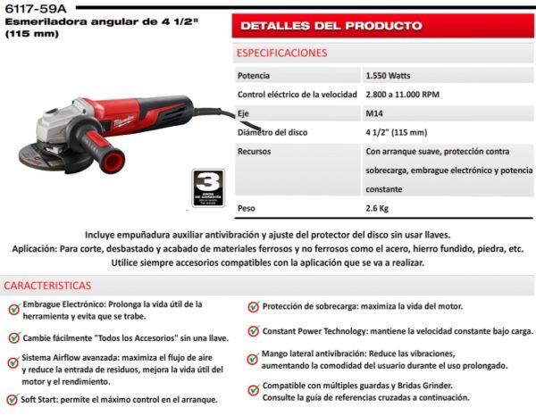 Amoladora angular eléctrica Milwaukee 6117-59A 115mm(4-1/2”) 1550w 2800rpm-11000rpm 220v - Imagen 3