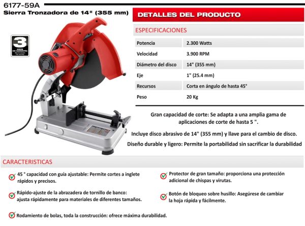 Sierra Cortadora Tronzadora Sensitiva Eléctrica Milwaukee 6177-59A 355mm(14”) 220v 2300w 3800rpm - Imagen 3