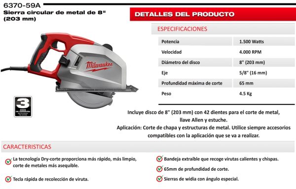 Sierra circular eléctrica corte metal Milwaukee 6370-59A 203mm(8”) 65mm 220v 1800w 3700rpm - Imagen 6