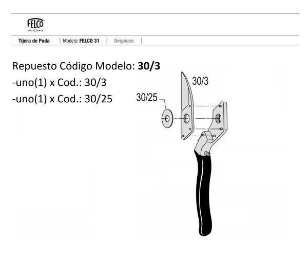 Repuesto Hoja Cuchilla con arandela Felco 30/3 para Tijera de podar tipo yunque Felco 31 - Imagen 3