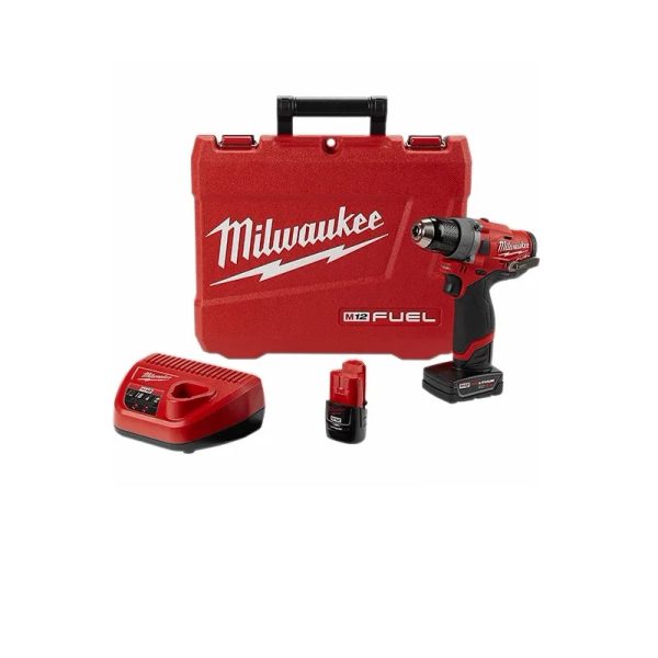 Taladro Atornillador a Batería 12V M12 FUEL Milwaukee 2503-259A 1/2”(13mm) 39Nm con maletín (incluye un cargador y baterías de 2Ah y 4Ah)