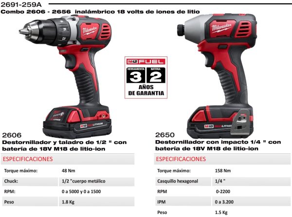 Taladro Atornillador a Batería 18V Milwaukee 2606-20 13mm 59Nm + Atornillador de Impacto a Batería 18V Milwaukee 2656-20 1/4” 169Nm con maletín (incluye 2 Baterías y 1 cargador) - Imagen 5