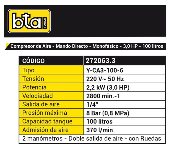 Compresor de aire eléctrico monofásico mando directo Bta Tools Y-CA3-100-6 100lts 3hp 220V - Imagen 2