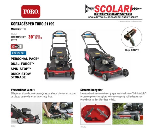 Cortadora de césped pasto a explosión 4T Nafta Toro TimeMaster 21199 13.6Nm 223cc 76cm(30”) 3×1 autopropulsada con Personal Pace - Imagen 4