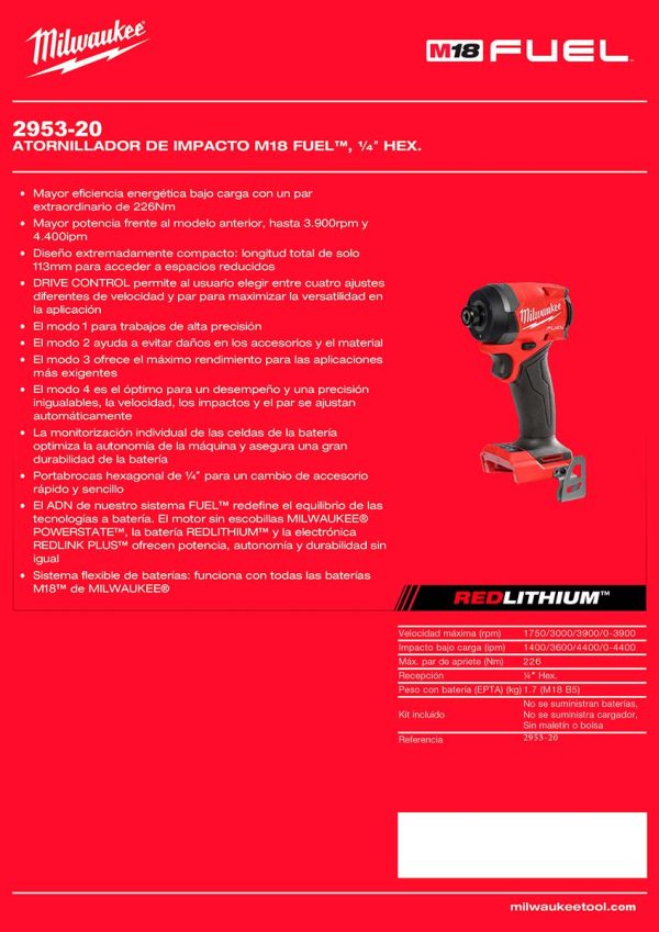 Atornillador de Impacto a Batería 18V M18 FUEL Milwaukee 2953-20 1/4” 226Nm (no incluye batería ni cargador) - Imagen 3