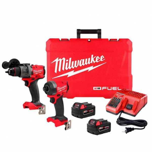 Taladro con percutor Atornillador a Batería 18V M18 FUEL Milwaukee 2904-20 13mm 158Nm + Atornillador de Impacto a Batería 18V M18 FUEL Milwaukee 2953-20 1/4” 226Nm con maletín (incluye 2 Baterías y 1 cargador)