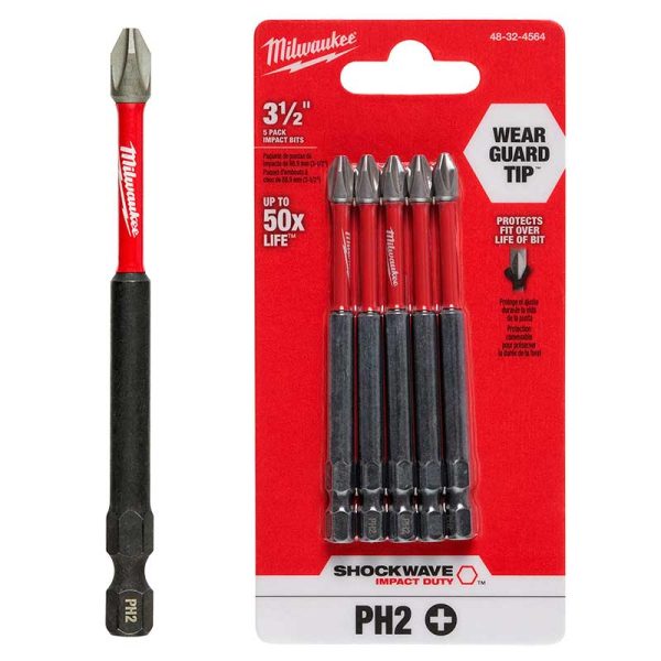 Paquete de 5 Puntas de impacto Phillips PH2 Largo 3-1/2"(89mm) Milwaukee 48-32-4564 para Atornilladora Enc Hex 6.35mm(1/4")