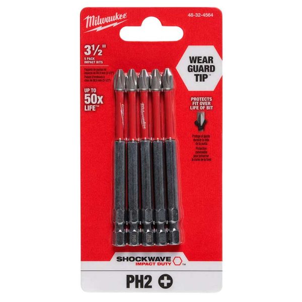 Paquete de 5 Puntas de impacto Phillips PH2 Largo 3-1/2"(89mm) Milwaukee 48-32-4564 para Atornilladora Enc Hex 6.35mm(1/4") - Imagen 3