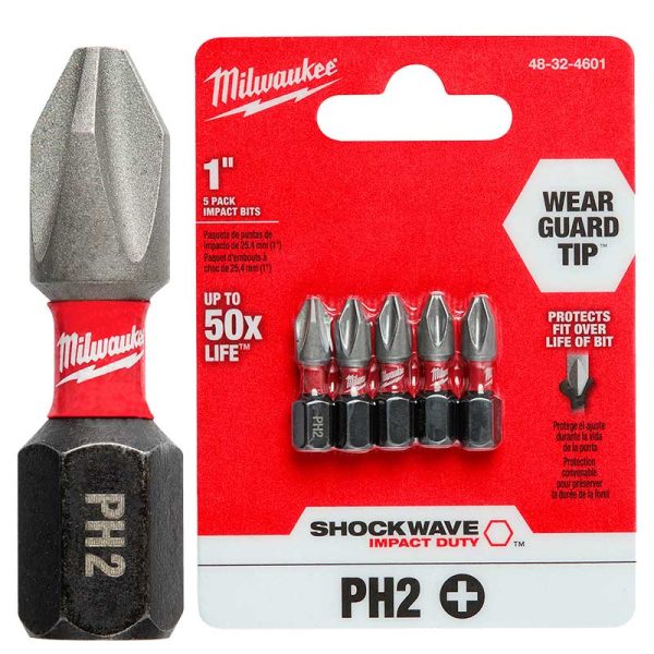 Paquete de 5 Puntas de impacto Phillips PH2 Largo 1"(25mm) Milwaukee 48-32-4601 para Atornilladora Enc Hex 6.35mm(1/4")