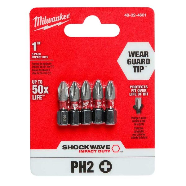 Paquete de 5 Puntas de impacto Phillips PH2 Largo 1"(25mm) Milwaukee 48-32-4601 para Atornilladora Enc Hex 6.35mm(1/4") - Imagen 3