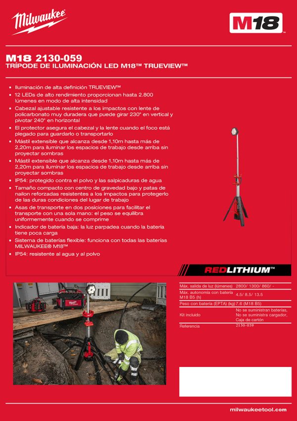 Torre trípode lámpara de luz iluminación led a Batería 18V M18 ROCKET Milwaukee 2130-059 (no incluye batería ni cargador) - Imagen 8