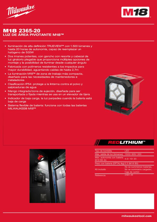 Reflector luz lámpara led de área montaje a Batería 18V M18 ROVER Milwaukee 2365-20 (no incluye batería ni cargador) - Imagen 5