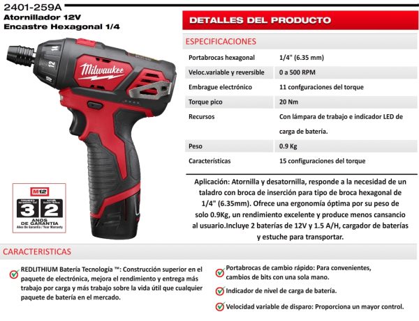 Atornillador inalámbrico a Batería 12V M12 Milwaukee 2401-259A 1/4"(6.35mm) 19Nm con bolso (incluye un cargador y dos baterías 2.0Ah) - Imagen 4