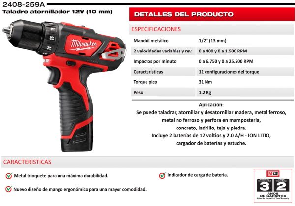 Taladro con percutor Atornillador inalámbrico a Batería 12V M12 Milwaukee 2408-259A 3/8"(10mm) 30Nm con bolso (incluye un cargador y dos baterías 2.0Ah) - Imagen 3