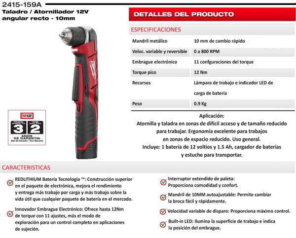 Taladro Atornillador angular recto a Batería 12V M12 Milwaukee 2415-159A 10mm(3/8") (incluye un cargador M12 y una batería 2.0Ah) - Imagen 3