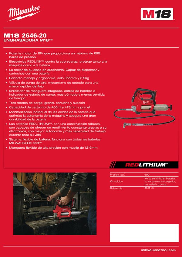 Pistola Engrasadora a Batería 18V M18 Milwaukee 2646-20 10000psi (69MPa) (no incluye batería ni cargador) - Imagen 6
