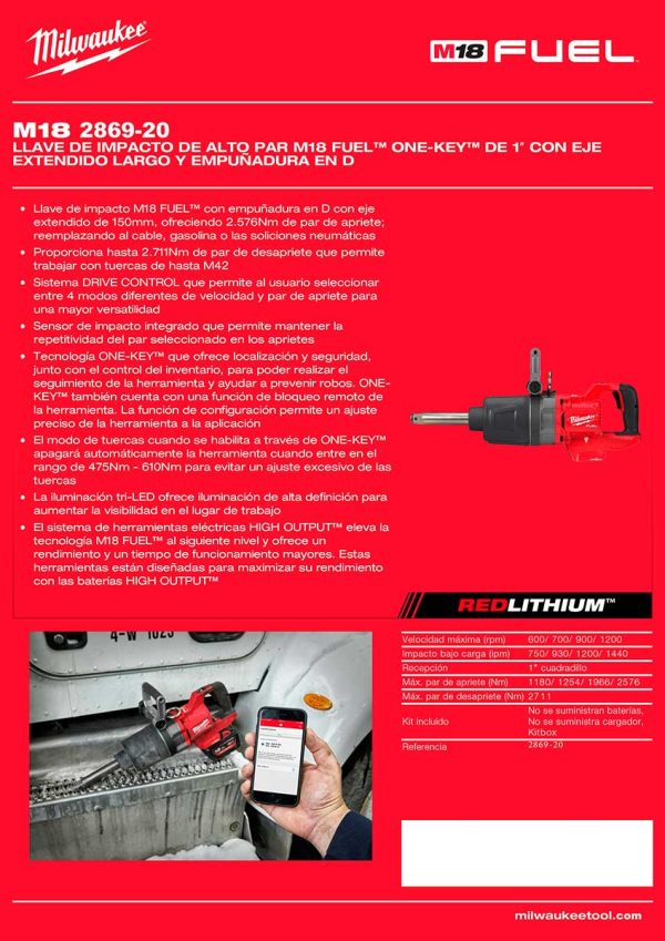 Llave de impacto con eje extendido y mango en D a Batería M18 FUEL Milwaukee 2869-20 1"(25.4mm) 2576Nm ONE-KEY (no incluye batería ni cargador) - Imagen 8