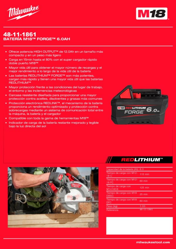 Batería de litio 18V 6.0Ah Milwaukee 48-11-1861 M18 REDLITHIUM FORGE XC6.0 - Imagen 6