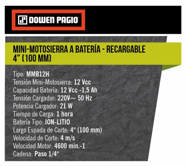 Motosierra inalámbrica a Batería 12V Dowen Pagio MMB12H Espada de 10cm(4”) 9992994 (incluye 1 batería 1.5Ah y 1 cargador) - Imagen 2