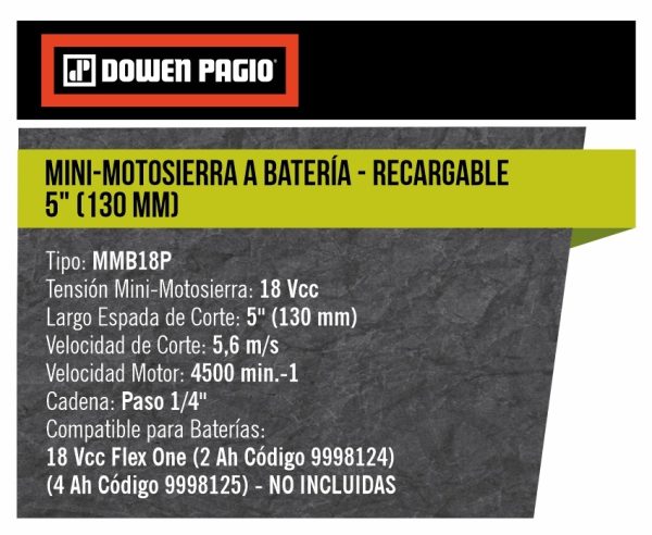 Motosierra inalámbrica a Batería 18V Dowen Pagio MMB18P Espada de 12.5cm(5”) 9993033 (no incluye batería ni cargador) - Imagen 2