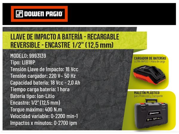 Llave de impacto inalámbrica a Batería 18V Dowen Pagio LIB18P 1/2”(12.7mm) 400Nm 9993139 con maletín (incluye 1 batería 2.0Ah y 1 cargador) - Imagen 3