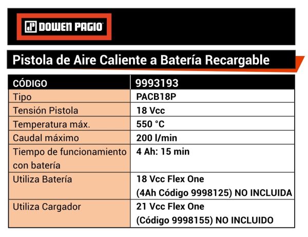 Pistola de Calor Aire Caliente inalámbrica a Batería 18V Dowen Pagio PACB18P 500°C 9993193 (no incluye batería ni cargador) - Imagen 3