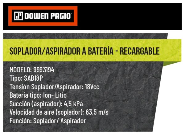 Sopladora Aspiradora de mano inalámbrica a Batería 18V Dowen Pagio SAB18P Taller 9993194 (no incluye batería ni cargador) - Imagen 2