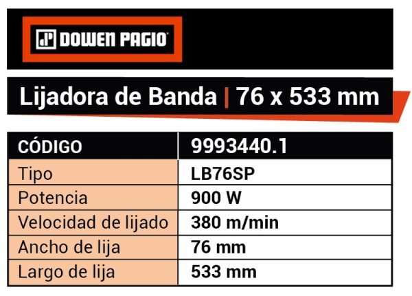 Lijadora de Banda Eléctrica Dowen Pagio LB76SP 900W 76 x 533mm 9993440.1 - Imagen 2