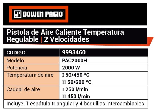 Pistola de Calor Aire Caliente Eléctrica Dowen Pagio PAC2000H 600°C 2000W con maletín 9993460 - Imagen 3