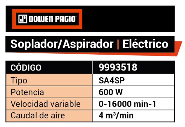 Sopladora Aspiradora de mano Eléctrica Dowen Pagio SA4SP 600W Taller 9993518 - Imagen 2