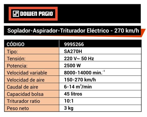 Sopladora Aspiradora Trituradora de mano Eléctrica Dowen Pagio SA270H 2500W 9995266 - Imagen 2