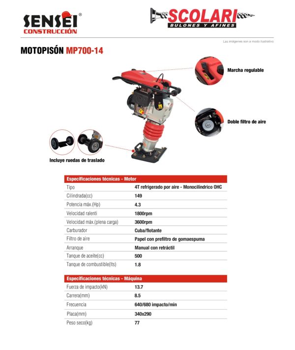 Vibroapisonador Pisonador Pisón Motopisón canguro a explosión 4T Nafta Sensei MP700-14 4Hp con ruedas de traslado - Imagen 2