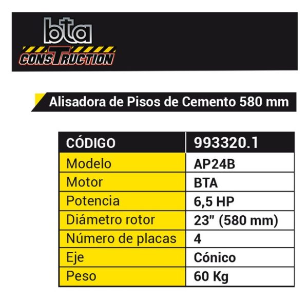 Alisadora de pisos de cemento a explosión 4T Nafta Bta Construction AP24B 6.5HP 580mm 993320.1 (no incluye plato disco) - Imagen 2
