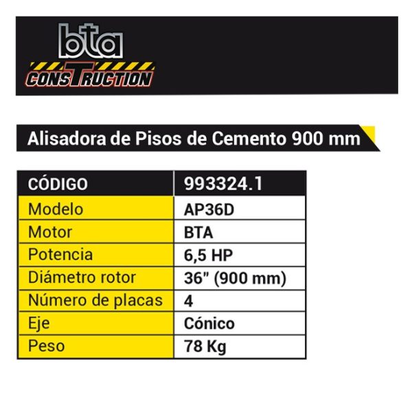 Alisadora de pisos de cemento a explosión 4T Nafta Bta Construction AP36D 6.5HP 900mm 993324.1 (no incluye plato disco) - Imagen 2