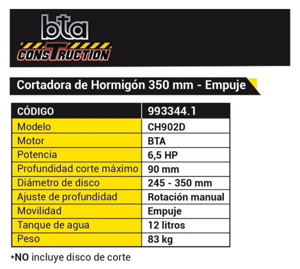 Cortadora de Hormigón de empuje a motor a explosión 4T Nafta Bta Construction CH902D 350mm 6.5hp Profundidad 9cm 993344.1 (no incluye disco) - Imagen 2