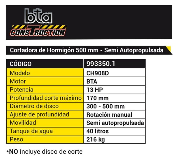 Cortadora de Hormigón SemiAutopropulsada a motor a explosión 4T Nafta Bta Construction CH908D 500mm 13hp Profundidad 17cm 993350.1 (no incluye disco) - Imagen 2