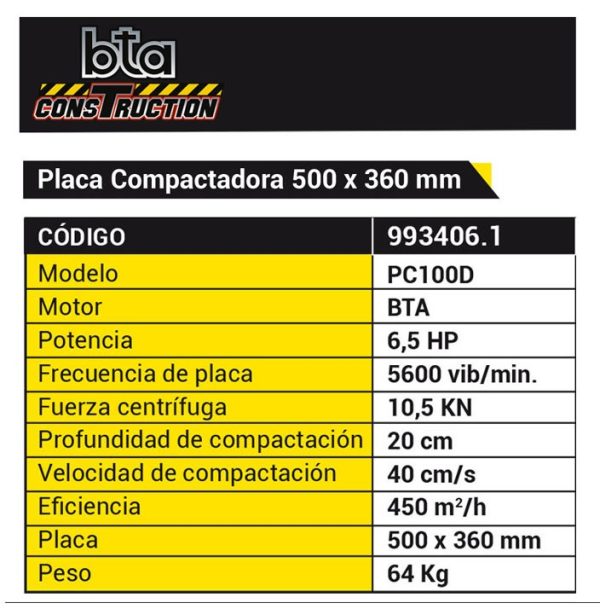 Placa compactadora a motor explosión 4T Nafta Bta Construction PC100D 500mm x 360mm 6,5HP 10,5KN 993406.1 - Imagen 2