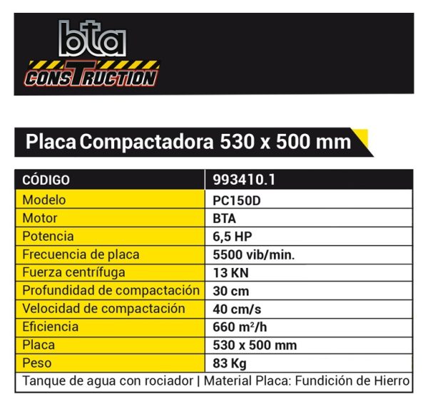 Placa compactadora a motor explosión 4T Nafta Bta Construction PC150D 530mm x 500mm 6,5HP 13KN 993410.1 - Imagen 2