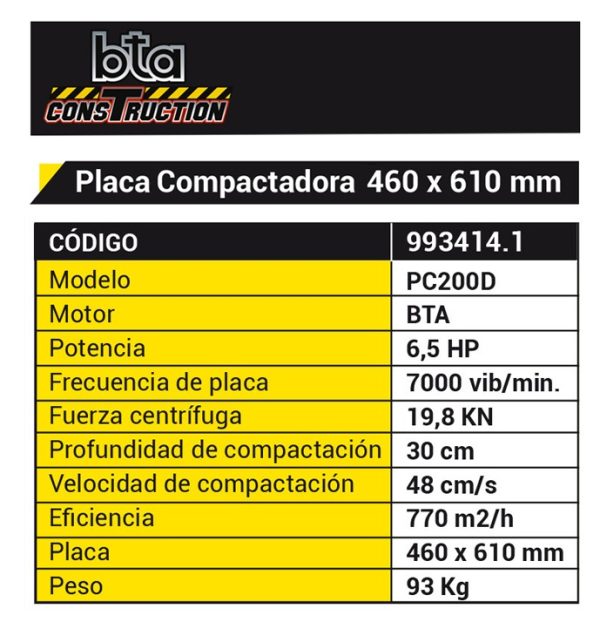 Placa compactadora a motor explosión 4T Nafta Bta Construction PC200D 460mm x 610mm 6,5HP 19,8KN 993414.1 - Imagen 2