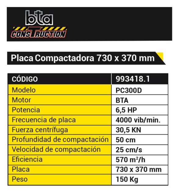 Placa compactadora a motor explosión 4T Nafta Bta Construction PC300D 730mm x 370mm 6,5HP 30,5KN 993418.1 - Imagen 3